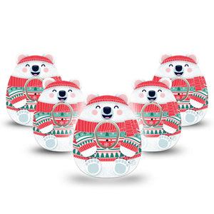 ExpressionMed Cozy Polar Bear Dexcom G7 Gumdrop Shape Tape, Dexcom Stelo Glucose Biosensor System, 5-Pack Tape and 5-Pack Sticker Sweater-Wearing Polar Bear, Patch CGM Design