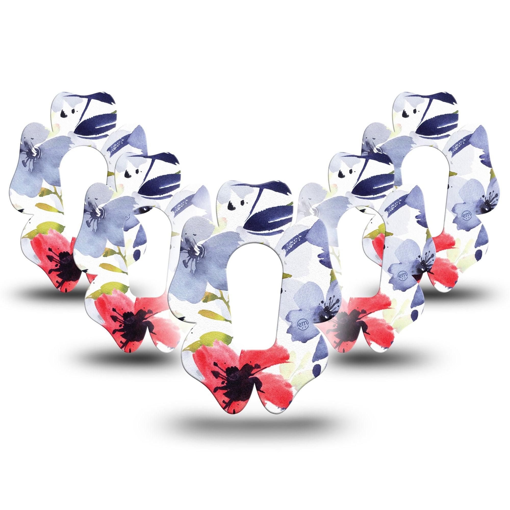 ExpressionMed Red White & Blue Flowers Dexcom G6 Flower Shape Tape 5-Pack Summer Flowers Adhesive Patch Continuous Glucose Monitor Design