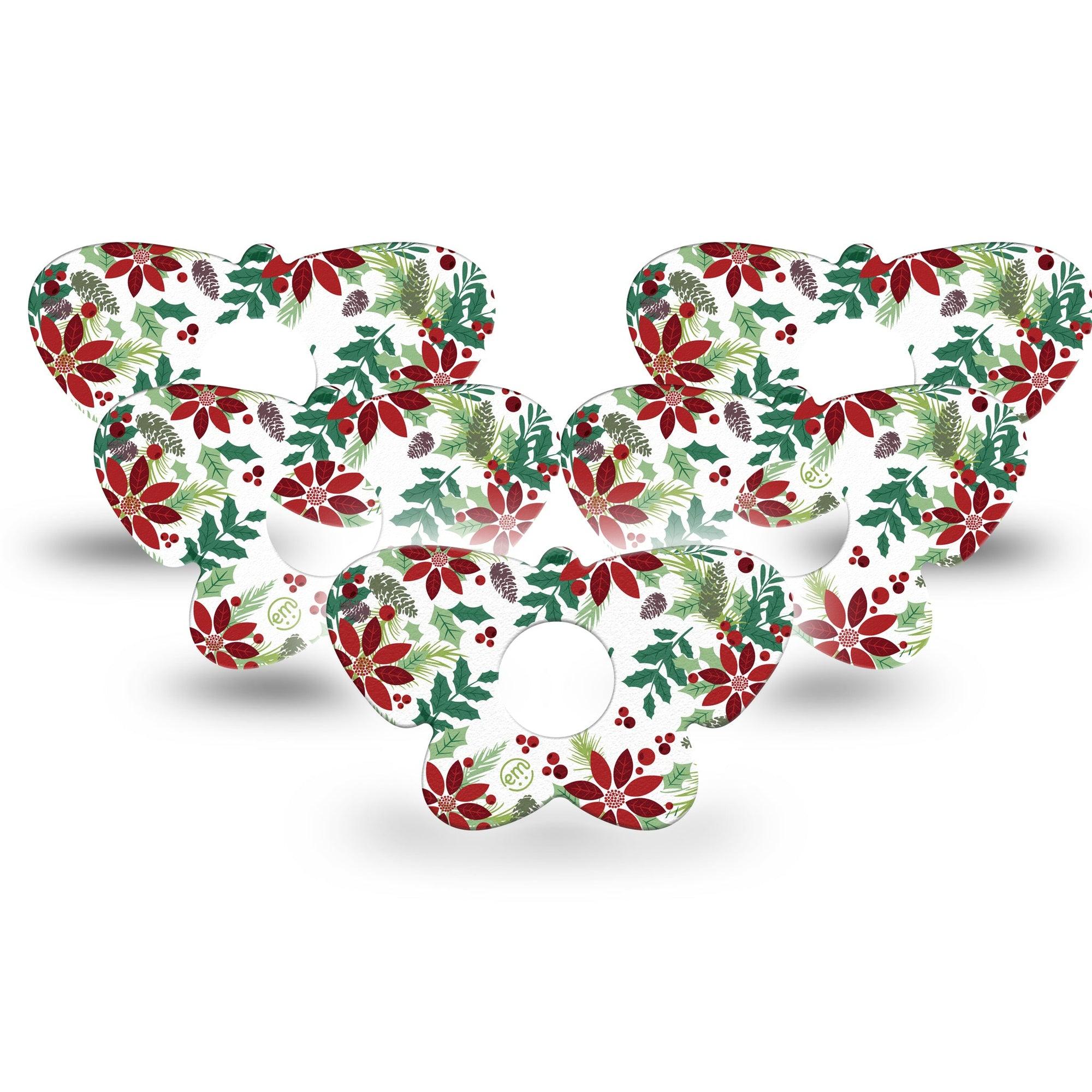 ExpressionMed Christmas Wreath Freestyle Libre 3 Butterfly Shape Tape 5-Pack Tape Christmas Red and Green Wreath, Overlay Patch CGM Design