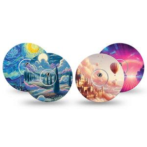 ExpressionMed Cosmic Daydreams Variety Pack Freestyle Libre 3 and Libre 3 Plus Tape, 4-Pack Tape and 4-Pack Stickers Variety Otherworldly Prints, Adhesive Tape Continuous Glucose Monitor Design