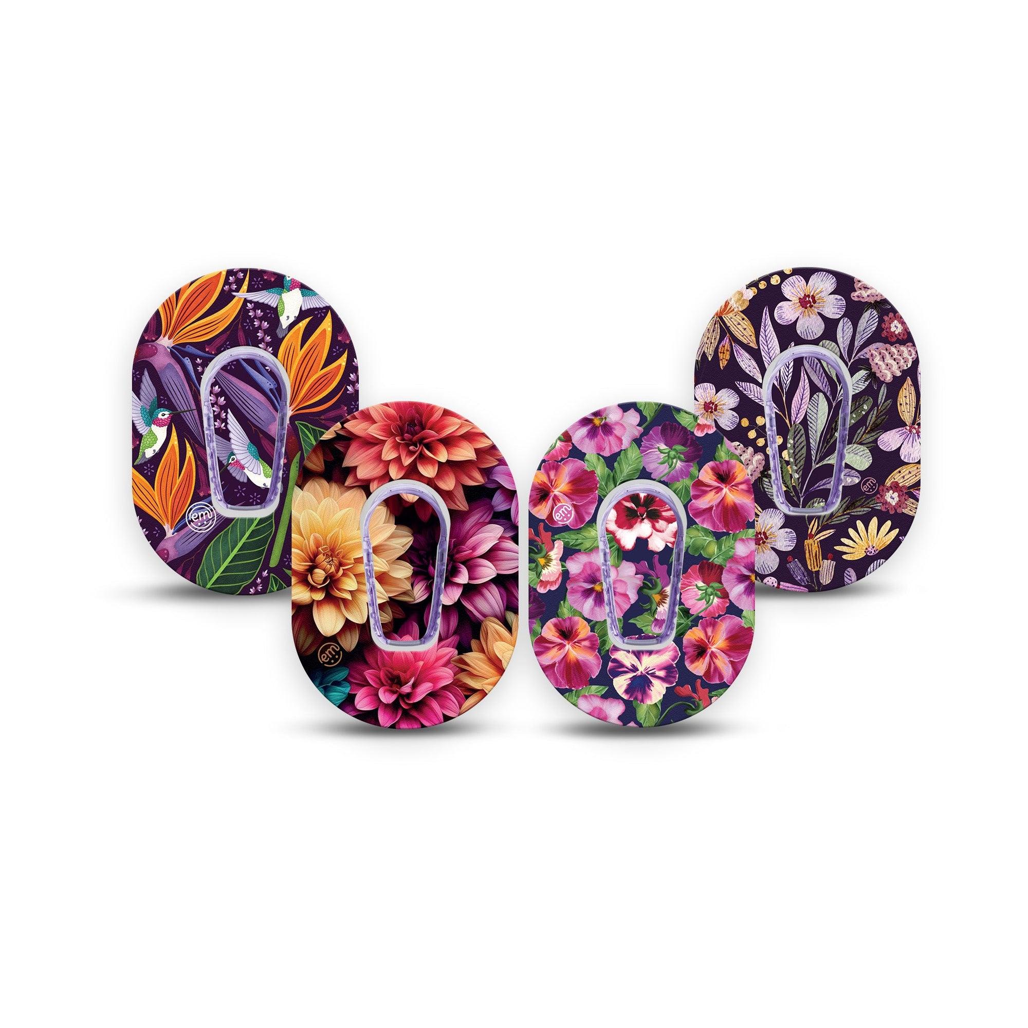 ExpressionMed Enchanted Violets Variety Pack Dexcom G6 Mini Tape 4-Pack Tape and 4-Pack Sticker Variety Hummingbird Purple Garden, Adhesive Tape CGM Design