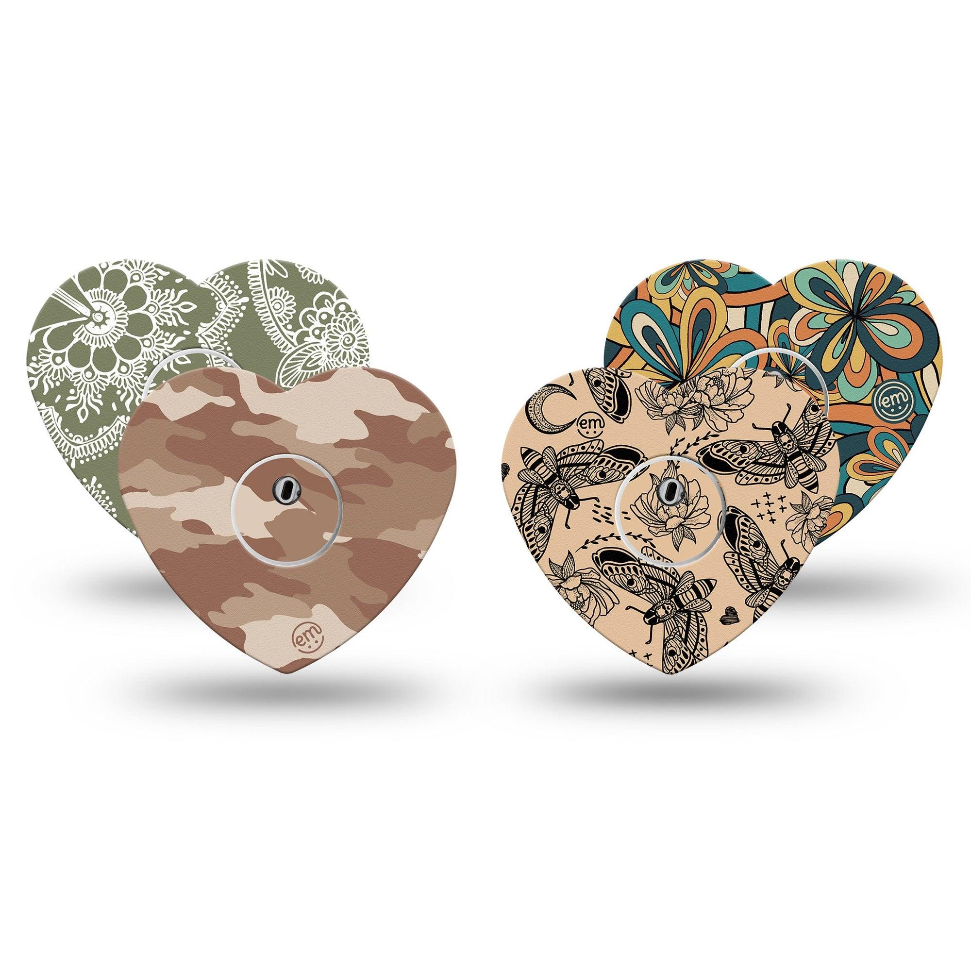 ExpressionMed Khaki Florals Variety Pack Freestyle Libre 3 and Libre 3 Plus Heart Shape Tape 4-Pack Tape and 4-Pack Sticker Variety Intricate Floral and Bug Patterns, Patch CGM Design