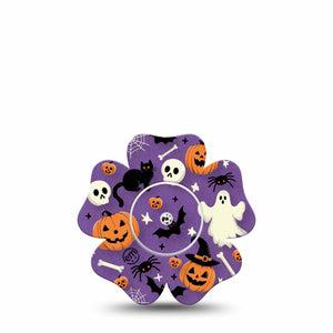 ExpressionMed Happy Halloween Freestyle Libre 2 Flower Shape Tape, Abbott Lingo,  Single Tape and Single Sticker Purple Backdrop Halloween Theme Fixing Ring Tape CGM Design