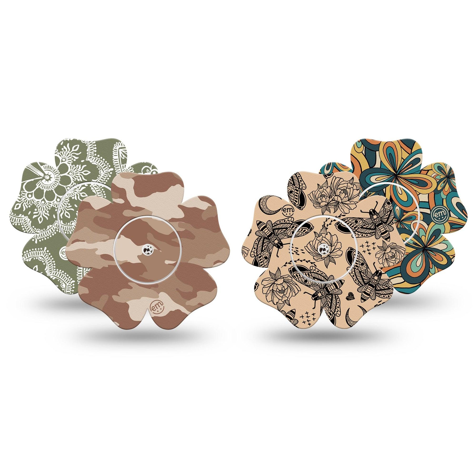 ExpressionMed Khaki Florals Variety Pack Freestyle Libre 2 and Libre 2 Plus Flower Shape Tape, Abbott Lingo, 4-Pack Tape and 4-Pack Sticker Variety Edgy Earth Tone Patterns, Plaster CGM Design