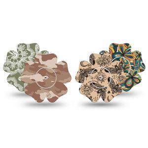 ExpressionMed Khaki Florals Variety Pack Freestyle Libre 2 and Libre 2 Plus Flower Shape Tape, Abbott Lingo, 4-Pack Tape and 4-Pack Sticker Variety Edgy Earth Tone Patterns, Plaster CGM Design