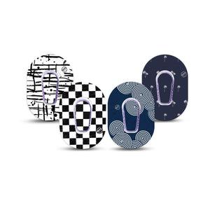 ExpressionMed Simply Patterned Variety Pack Dexcom G6 Mini Tape, 4-Pack Tape and 4-Pack Sticker Variety, Geometric Blue Black, Adhesive Tape CGM Design