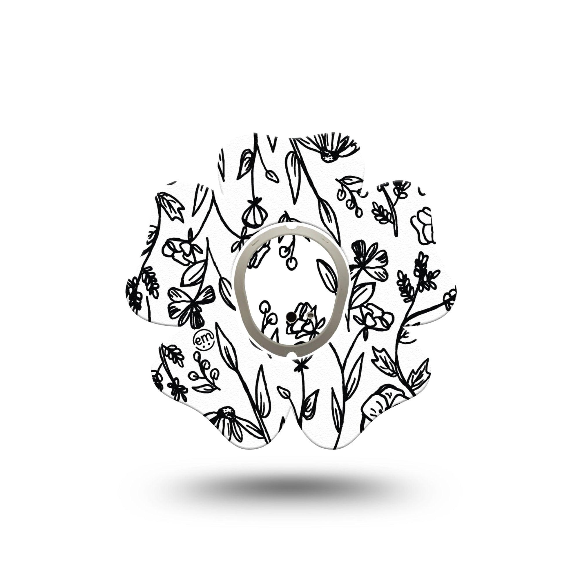ExpressionMed Custom Black and White Floral Dexcom G7 Flower Shape Tape, Dexcom Stelo Glucose Biosensor System, Single Tape and Single Sticker Tailored Florals Plaster CGM Design