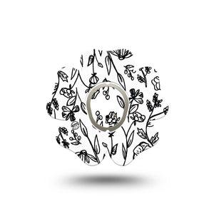 ExpressionMed Custom Black and White Floral Dexcom G7 Flower Shape Tape, Dexcom Stelo Glucose Biosensor System, Single Tape and Single Sticker Tailored Florals Plaster CGM Design