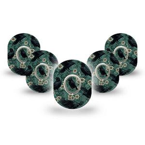 ExpressionMed Crows Dexcom G7 and Dexcom Stelo Glucose Biosensor System Mini, 5-Pack Tape and 5-Pack Sticker mysterious Halloween florals Sensor Cover for Continuous Glucose Monitor