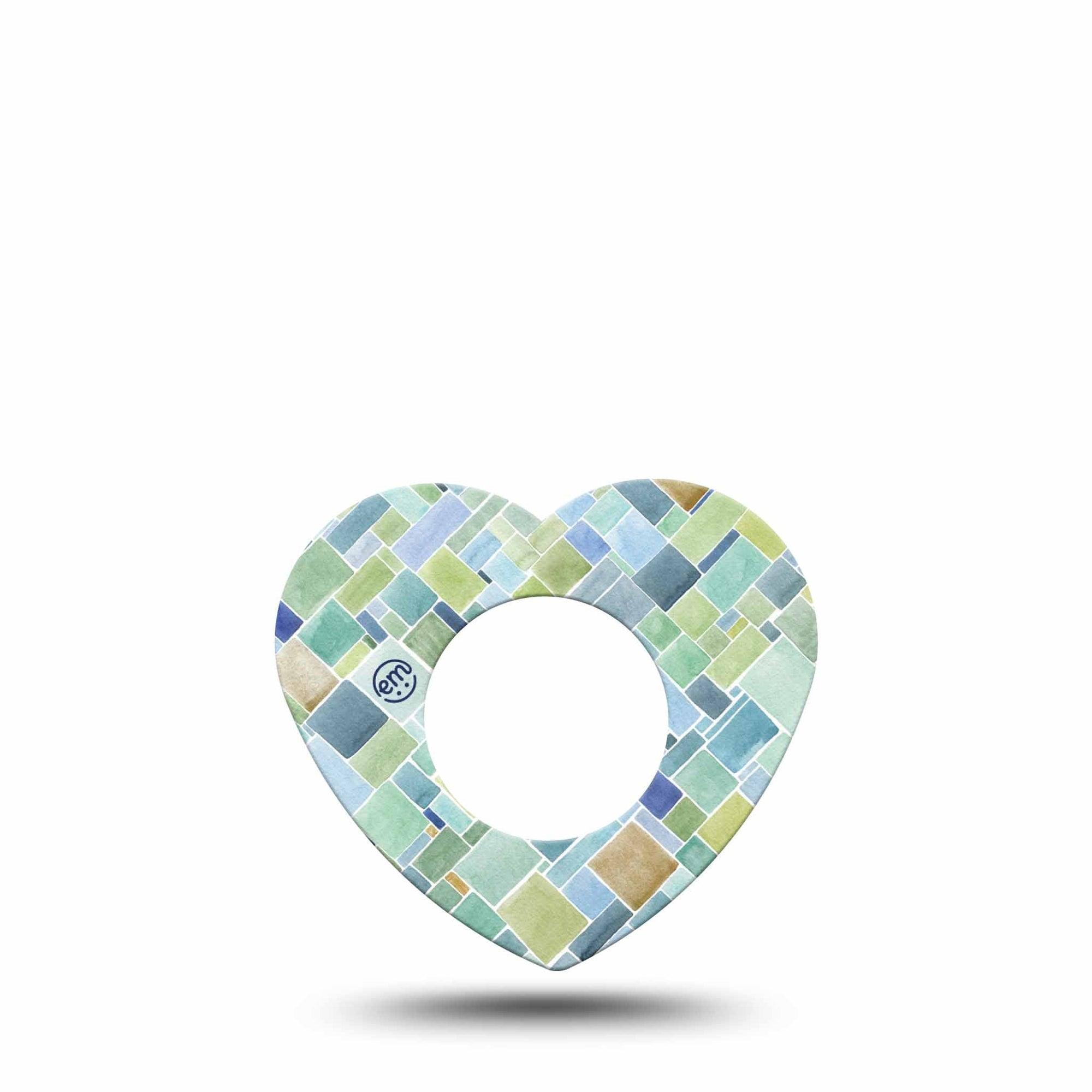 ExpressionMed Watercolor Geometrics Freestyle Libre 2 Heart Shape Tape, Abbott Lingo, Single Patchwork-Like Blue Green Design Adhesive Patch CGM Design