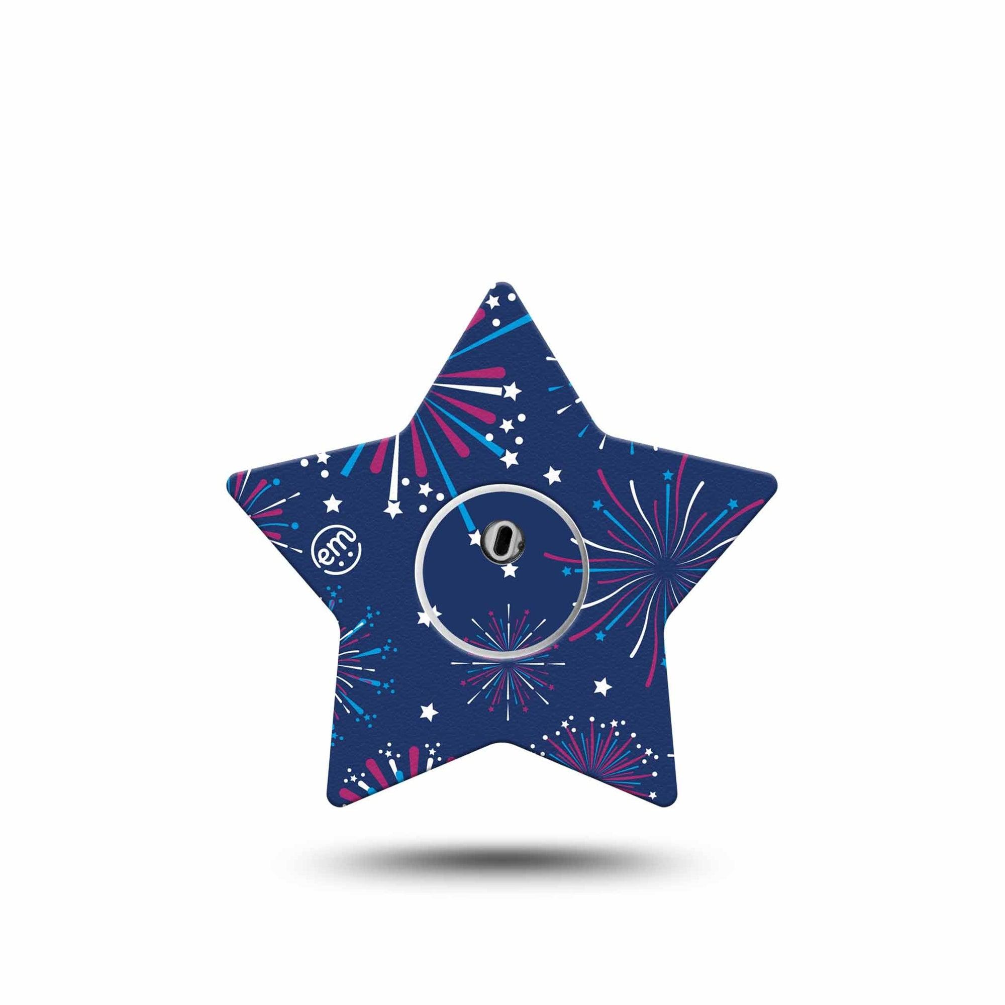 ExpressionMed Night Sky Celebration Freestyle Libre 3 Star Shape Tape Single Tape and Single Sticker Dazzling Sparks Firework Patch CGM Design