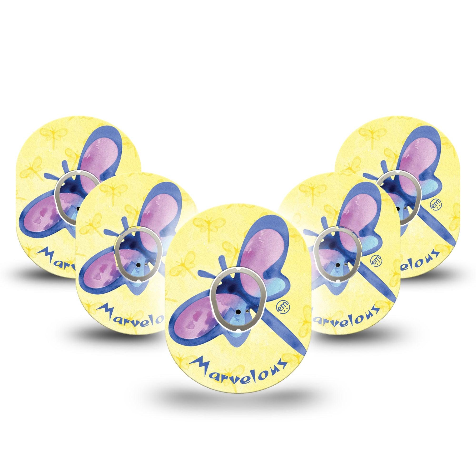 ExpressionMed Marvelous Dragonfly Dexcom G7 Tape, Dexcom Stelo Glucose Biosensor System, 5-Pack Tape and 5-Pack Sticker Pretty Purple Dragonfly, Overlay Tape CGM Design