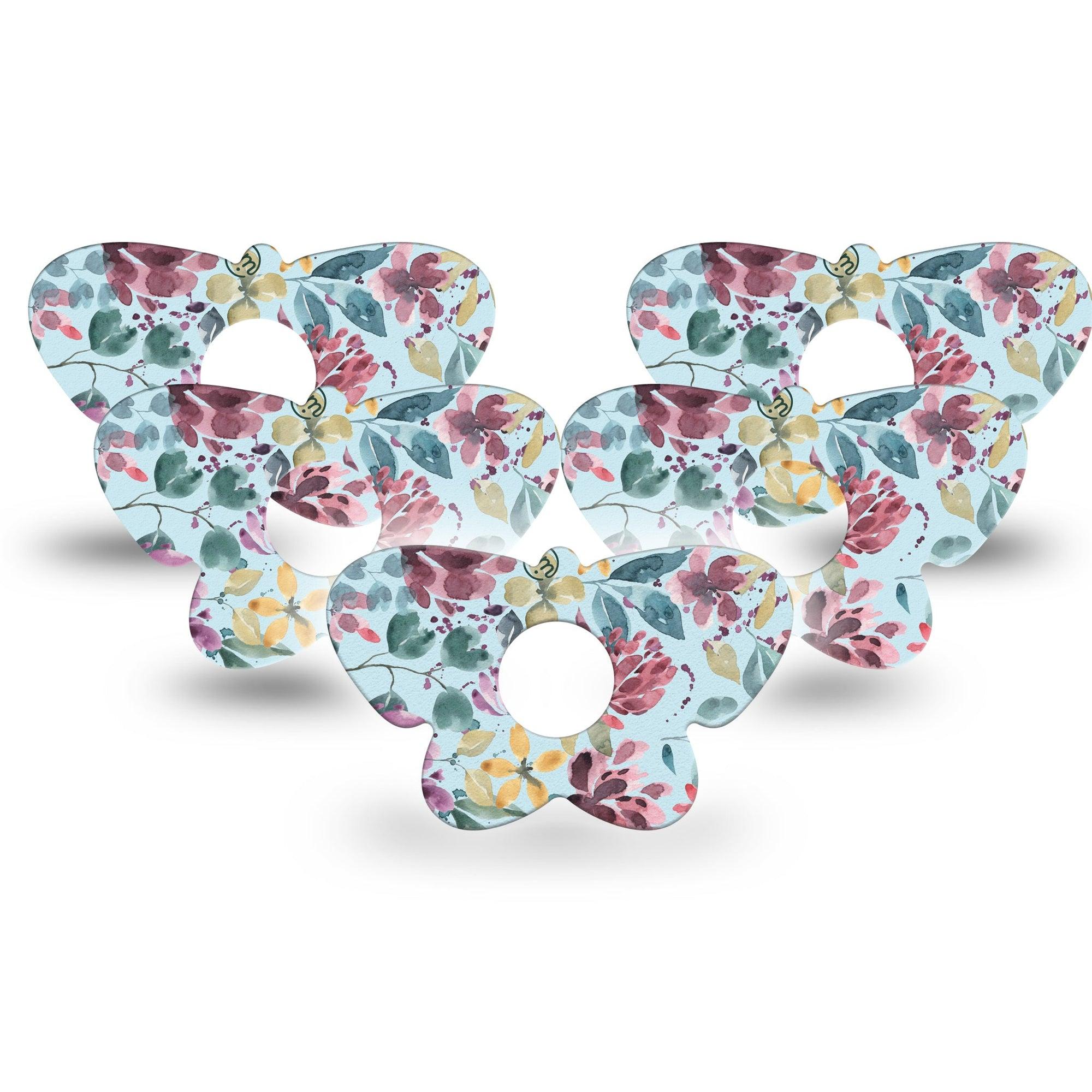 ExpressionMed Botanical Blooms Freestyle Libre 3 Butterfly Shape Tape 5-Pack blue and pink floral Overlay Patch CGM Design