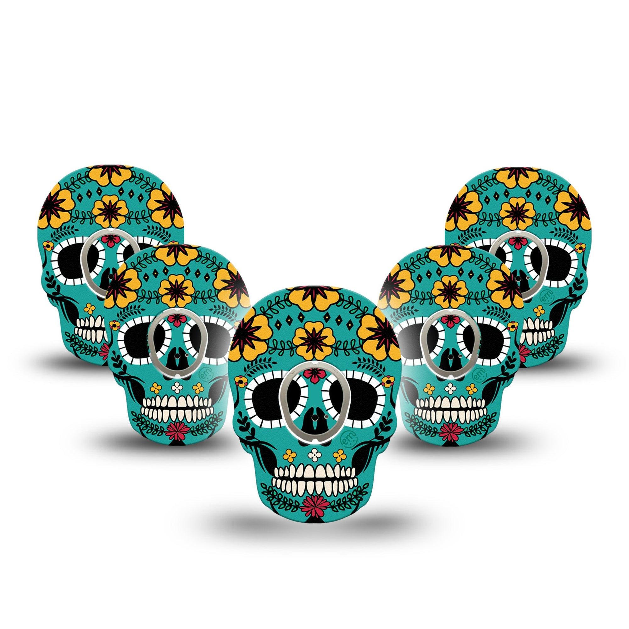 ExpressionMed Teal Skull Dexcom G7 Skull Shape Tape, Dexcom Stelo Glucose Biosensor System, 5-Pack Tape and 5-Pack Sticker Floral Petals Skull Inspired Overlay Patch CGM Design