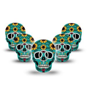 ExpressionMed Teal Skull Dexcom G7 Skull Shape Tape, Dexcom Stelo Glucose Biosensor System, 5-Pack Tape and 5-Pack Sticker Floral Petals Skull Inspired Overlay Patch CGM Design