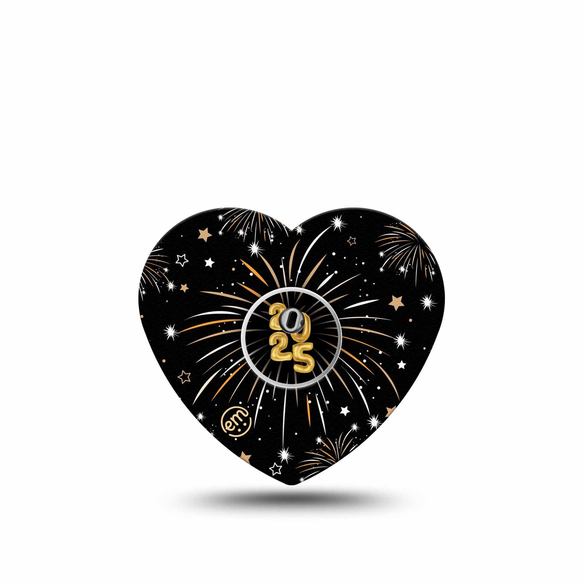 ExpressionMed New Years Fireworks Freestyle Libre 3 Heart Shape Tape Single Tape and Single Sticker Gold Black Fireworks, Patch CGM Design