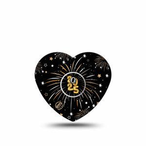 ExpressionMed New Years Fireworks Freestyle Libre 3 Heart Shape Tape Single Tape and Single Sticker Gold Black Fireworks, Patch CGM Design