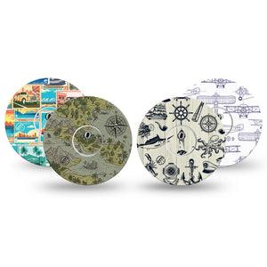 ExpressionMed Vintage Voyager Variety Pack Freestyle Libre 3 and Libre 3 Plus Tape, 4-Pack Tape and 4-Pack Stickers Variety Nautical Motifs, Adhesive Tape Continuous Glucose Monitor Design