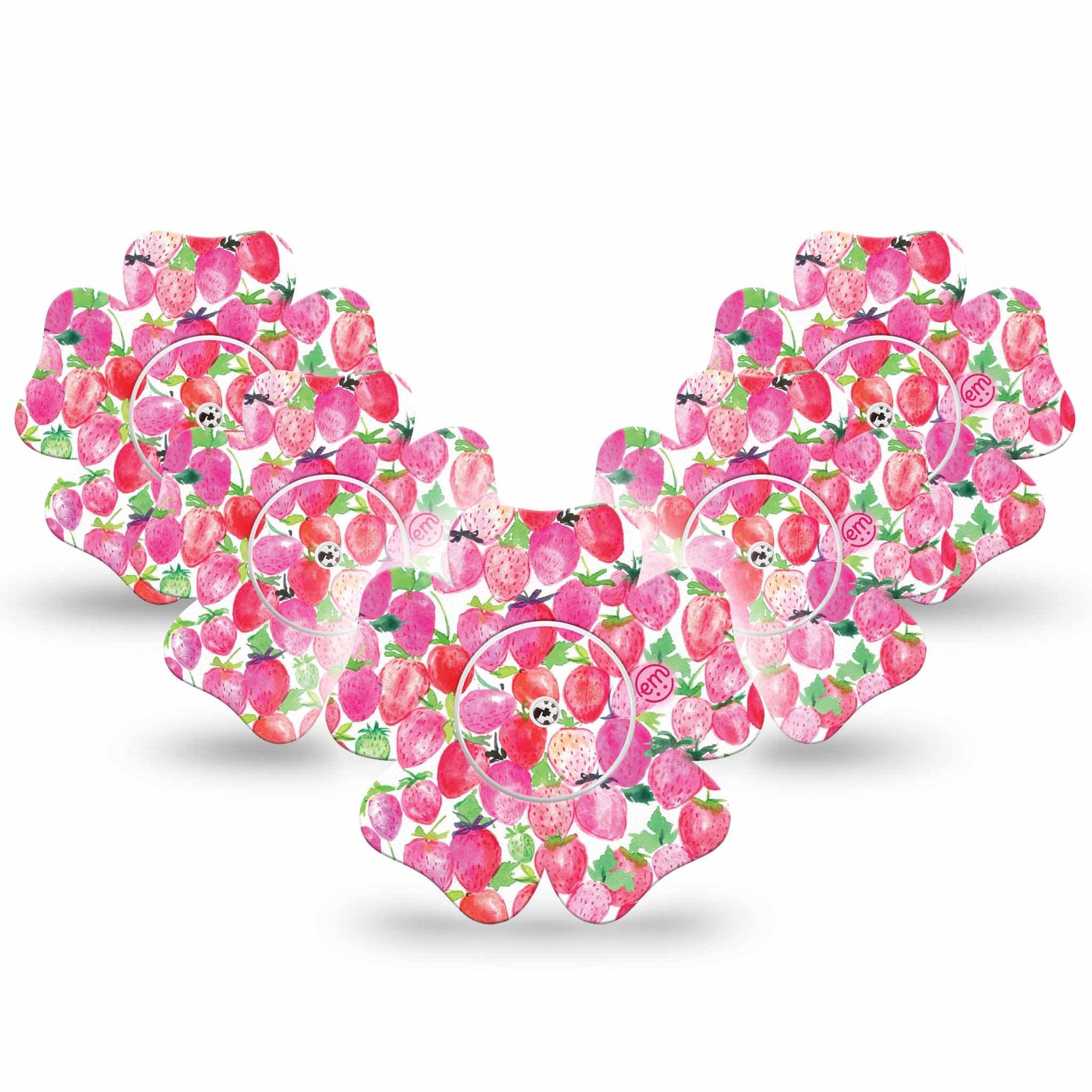 ExpressionMed Strawberry Crush Freestyle Libre 2 Flower Shape Tape, Abbott Lingo,  5-Pack Tape and 5-Pack Sticker Cute Painted Strawberry Fixing Ring Tape CGM Design