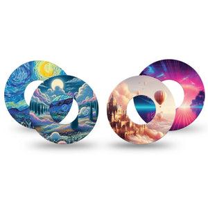 ExpressionMed Cosmic Daydreams Variety Pack Freestyle Libre and Libre 2 Plus Tape, Abbott Lingo, 4-Pack Tape Variety Dreamy Scenery, Fixing Ring Tape Continuous Glucose Monitor Design