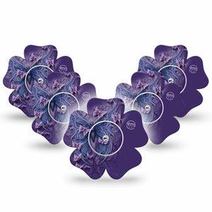 ExpressionMed Purple Butterfly Freestyle Libre 2 and Libre 2 Plus Flower Shape Tape, Abbott Lingo,  5-Pack Tape and 5-Pack Sticker Vibrant Butterfly, Fixing Ring Tape CGM Design