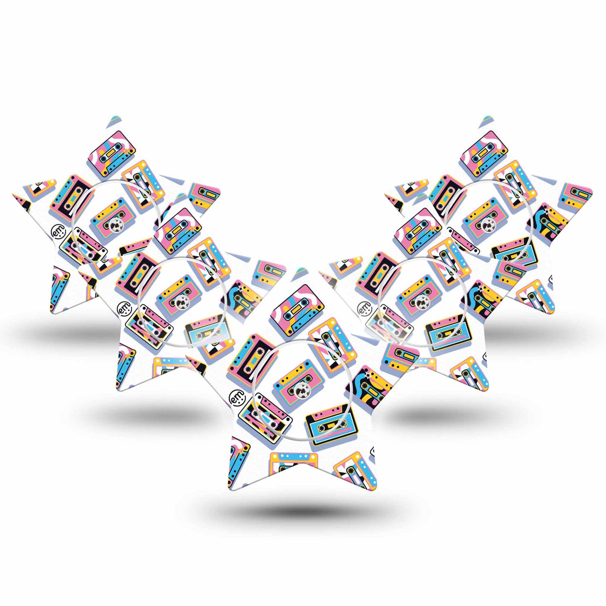 ExpressionMed Vintage Music Tapes Freestyle Libre 2 and Libre 2 Plus Star Shape Tape, Abbott Lingo,  5-Pack Tape and 5-Pack Sticker Pastel Retro Multicolored Cassettes, Adhesive Tape CGM Design