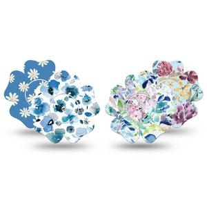 ExpressionMed Sky Blue Garden Variety Pack Freestyle Libre 2 Flower Shape Tape, Abbott Lingo,  Single Tape and Single Sticker Array of Types of Blue Flowers Fixing Ring Tape CGM Design