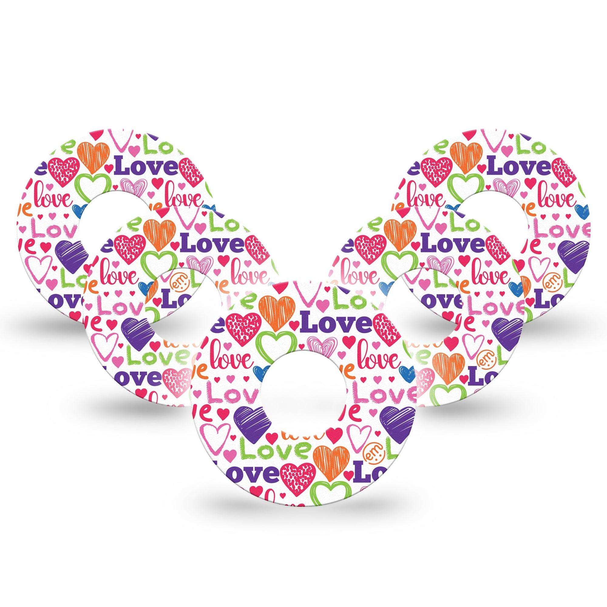 ExpressionMed Abundance of Love Infusion Set Tape 5-Pack Tape Crayon Drawn Hearts, Overlay Patch Continuous Glucose Monitor Design