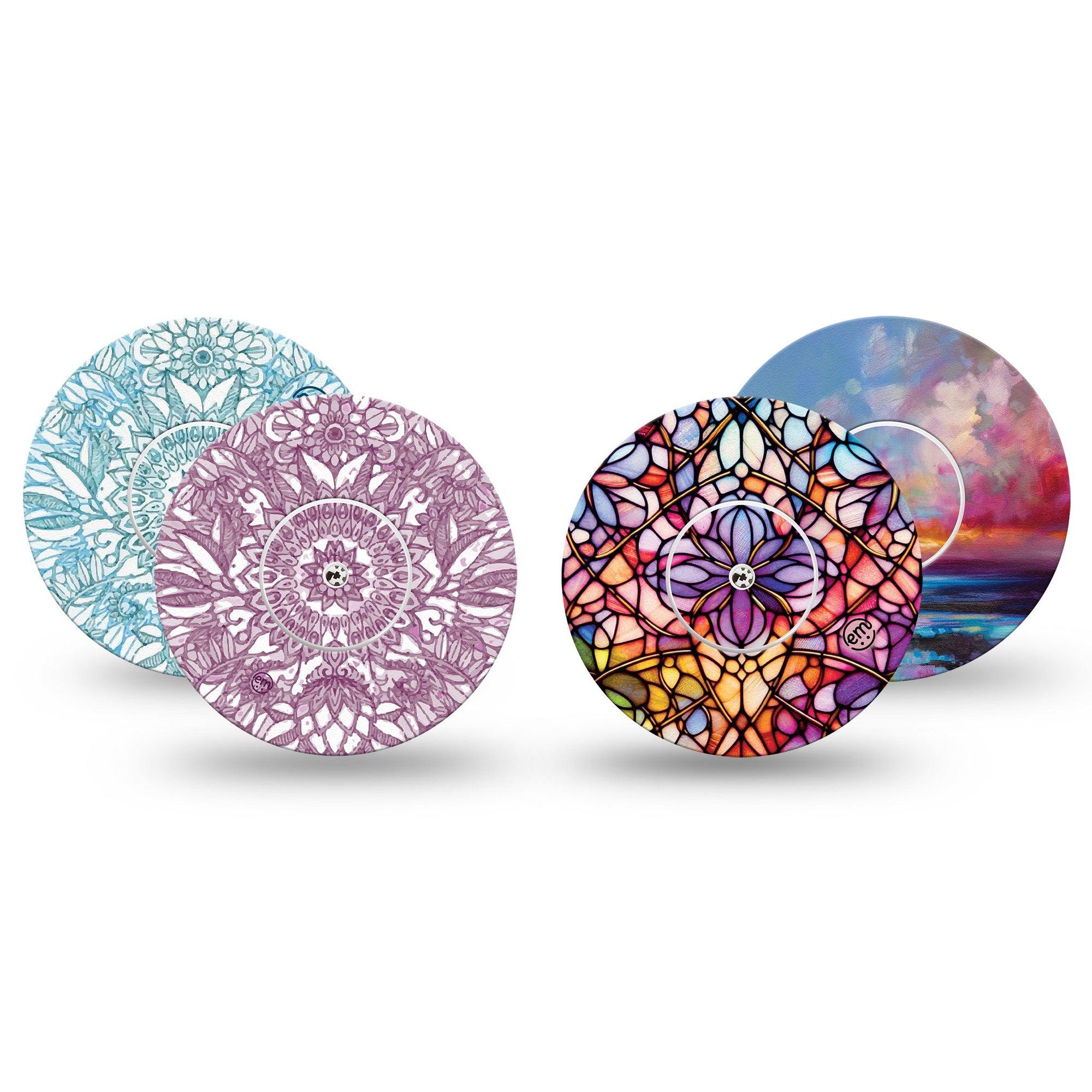 ExpressionMed Sunset Blossom Variety Pack Freestyle Libre and Libre 2 Plus Tape, Abbott Lingo, 4-Pack Tape and 4-Pack Sticker Variety Sunset Color Florals, Fixing Ring Tape Continuous Glucose Monitor Design