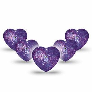 ExpressionMed New Years Celebration Freestyle Libre 3 Heart Shape Tape 5-Pack Tape and 5-Pack Sticker Purple Pink Hued Fireworks, Patch CGM Design