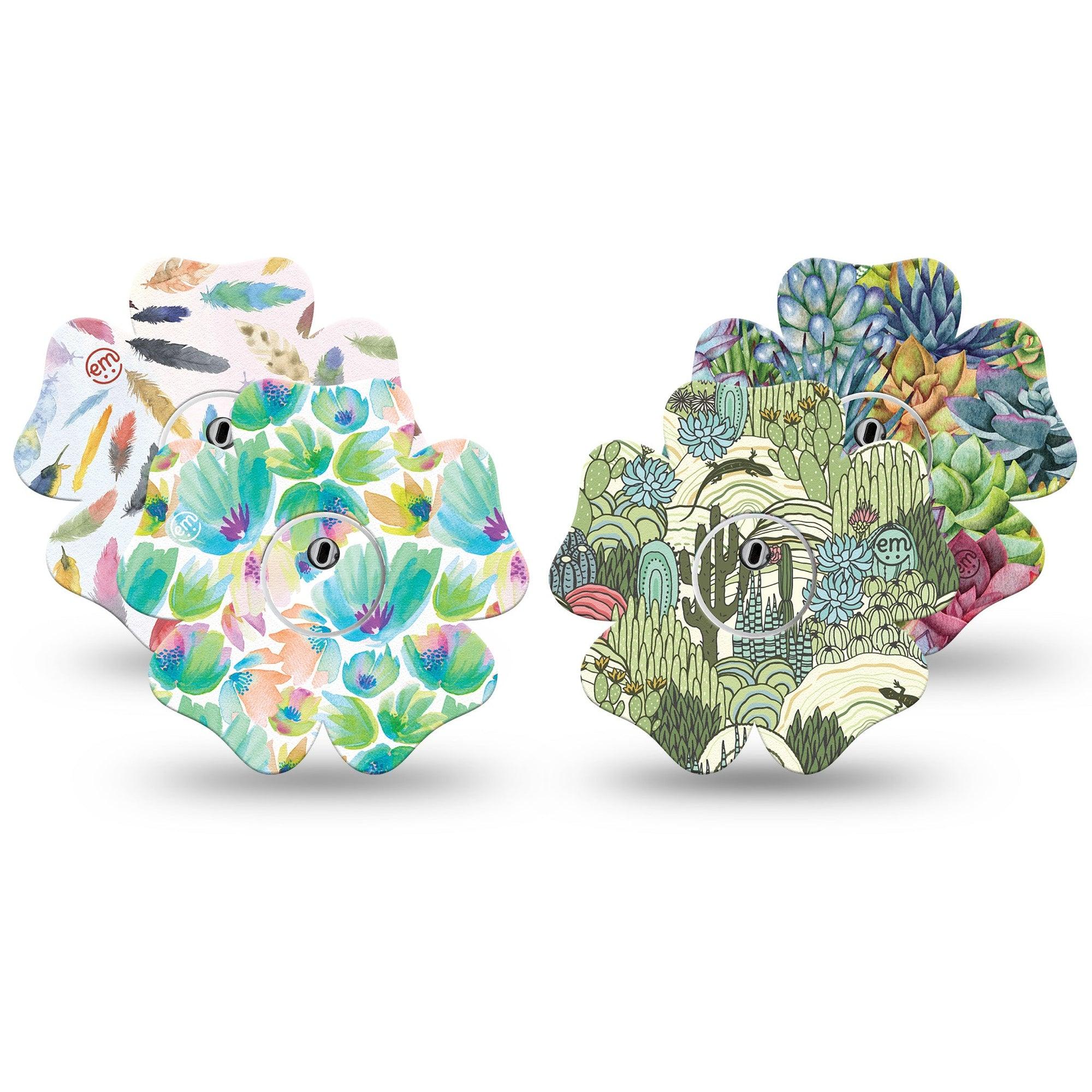 ExpressionMed Desert Succulent Variety Pack  Freestyle Libre 3 and Libre 3 Plus Flower Shape Tape 4-Pack Tape and 4-Pack Sticker Variety Bright Green Teal Succulents, Overlay Tape CGM Design