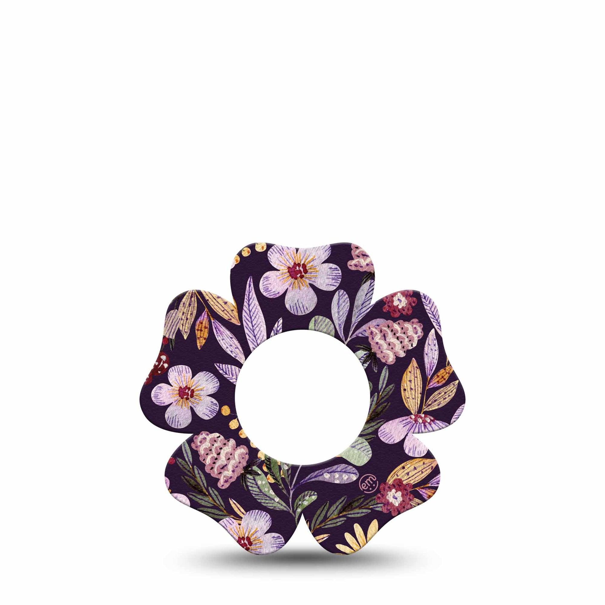 ExpressionMed Moody Blooms Freestyle Libre 2 Flower Shape Tape, Abbott Lingo, Single Muted Colored Florals over Dark backdrop  Fixing Ring Tape CGM Design