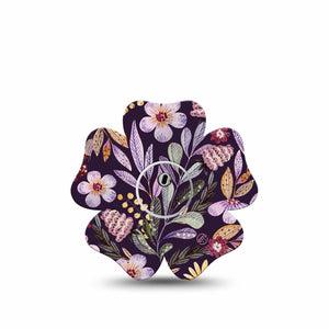 ExpressionMed Moody Blooms Freestyle Libre 3 Flower Shape Tape Single Tape and Single Sticker Muted Colored Florals over Dark backdrop   CGM Design