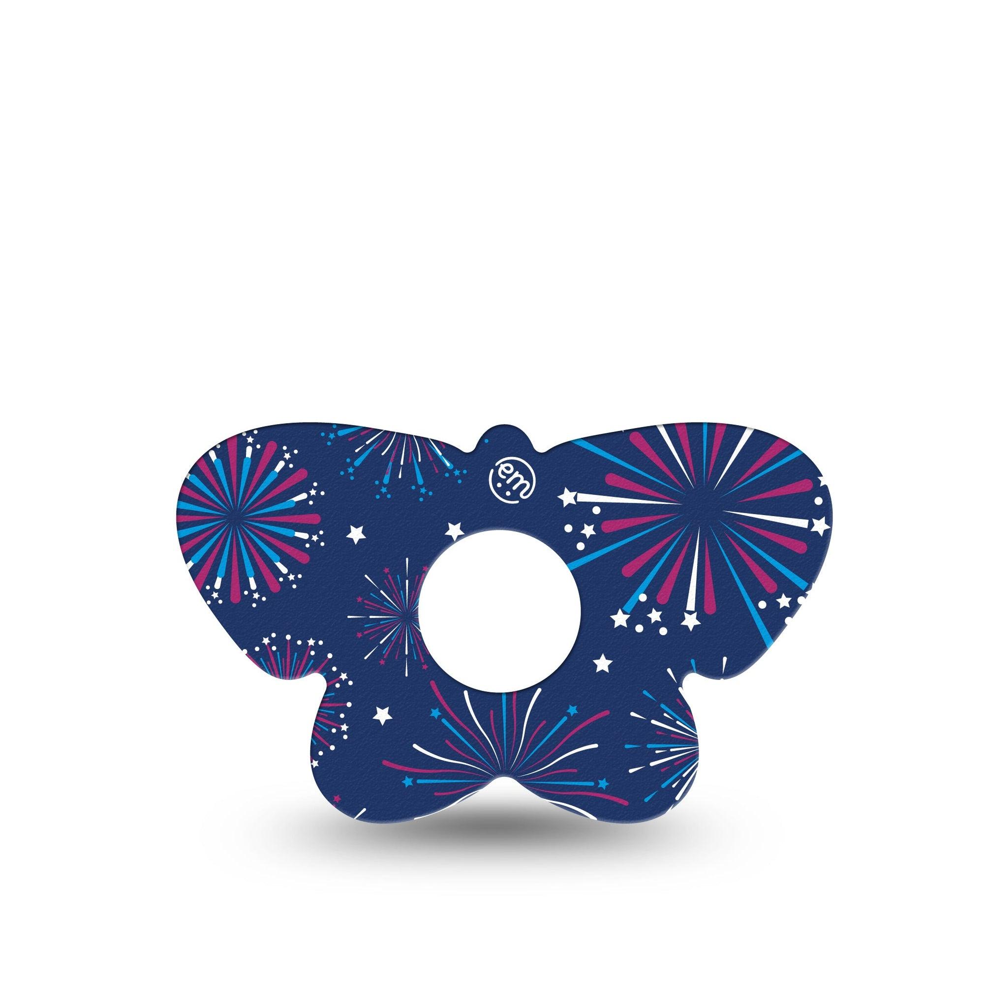 ExpressionMed Night Sky Celebration Freestyle Libre 3 Butterfly Shape Tape Single Red White Blue Firework Show Overlay Patch CGM Design