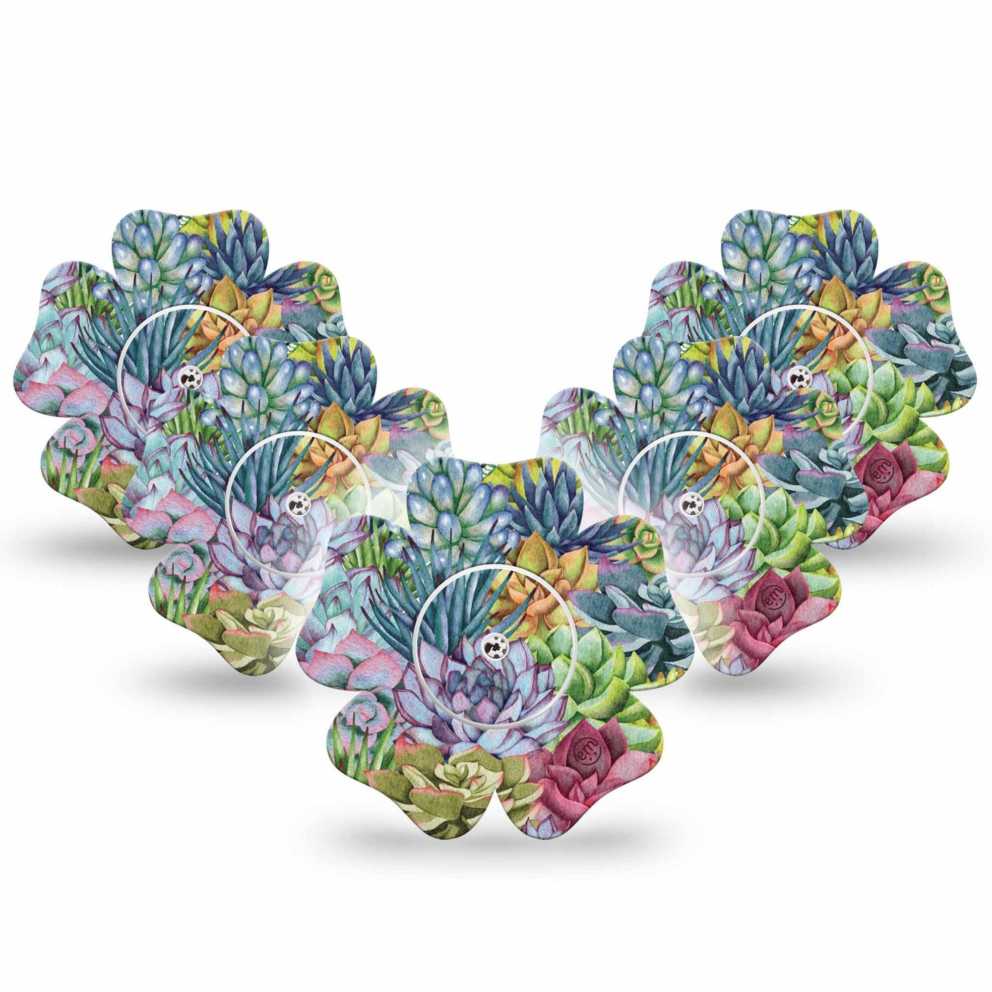 ExpressionMed Blue Succulents Freestyle Libre 2 and Libre 2 Plus Flower Shape Tape, Abbott Lingo,  5-Pack Tape and 5-Pack Sticker Blue Plants Fixing Ring Tape CGM Design