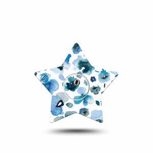 ExpressionMed Sapphire Petals Freestyle Libre 3 Star Shape Tape Single Tape and Single Sticker Blue Watercolored Florals Themed Patch CGM Design