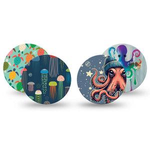 ExpressionMed Underwater Friends Variety Pack Freestyle Libre 3 Overpatch 4-Pack Variety Swimming Octopus Turtles and Jellyfish Adhesive Patch CGM Design