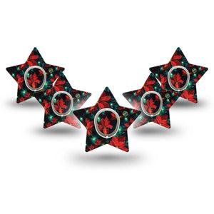 ExpressionMed Christmas Floral Dexcom G7 Star Shape Tape, Dexcom Stelo Glucose Biosensor System, 5-Pack Tape and 5-Pack Sticker Red Florals and Lights, Overlay Patch CGM Design