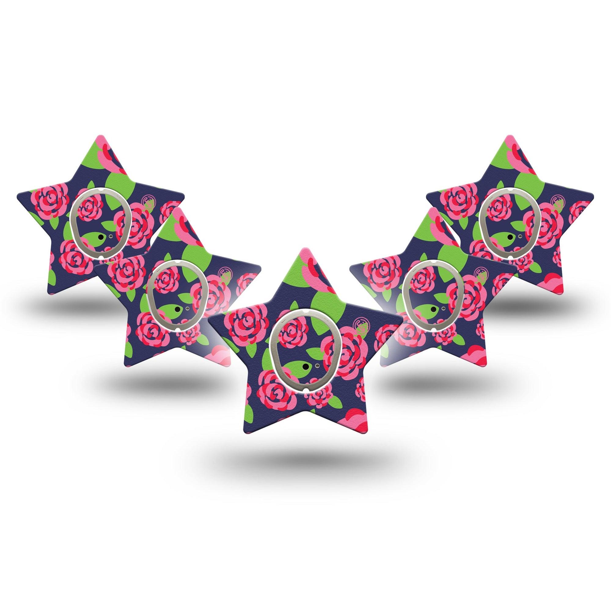 ExpressionMed Pretty Pink Roses Dexcom G7 Star Shape Tape, Dexcom Stelo Glucose Biosensor System, 5-Pack Tape and 5-Pack Sticker Garden Roses, Adhesive Tape CGM Design