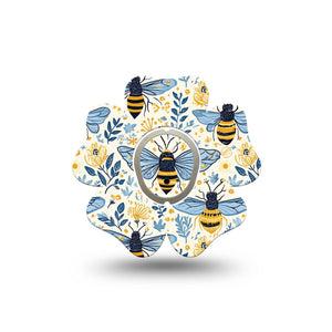 ExpressionMed Busy Bees Dexcom G7 and Dexcom Stelo Glucose Biosensor System Flower, Single Tape and Single Sticker Navy and gold bees Patch for CGM