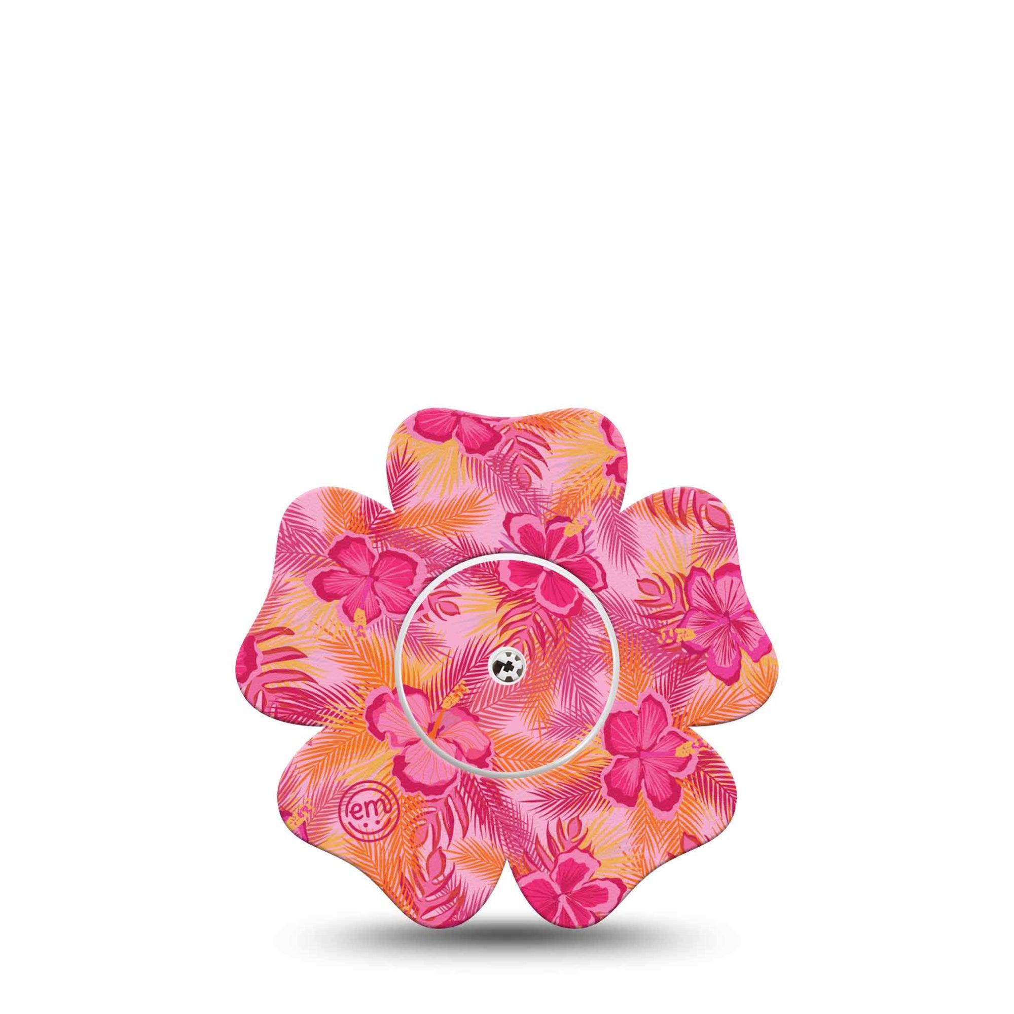 ExpressionMed Pink Hibiscus Freestyle Libre 2 and Libre 2 Plus Flower Shape Tape, Abbott Lingo,  Single Tape and Single Sticker Tropical Flower, Fixing Ring Tape CGM Design