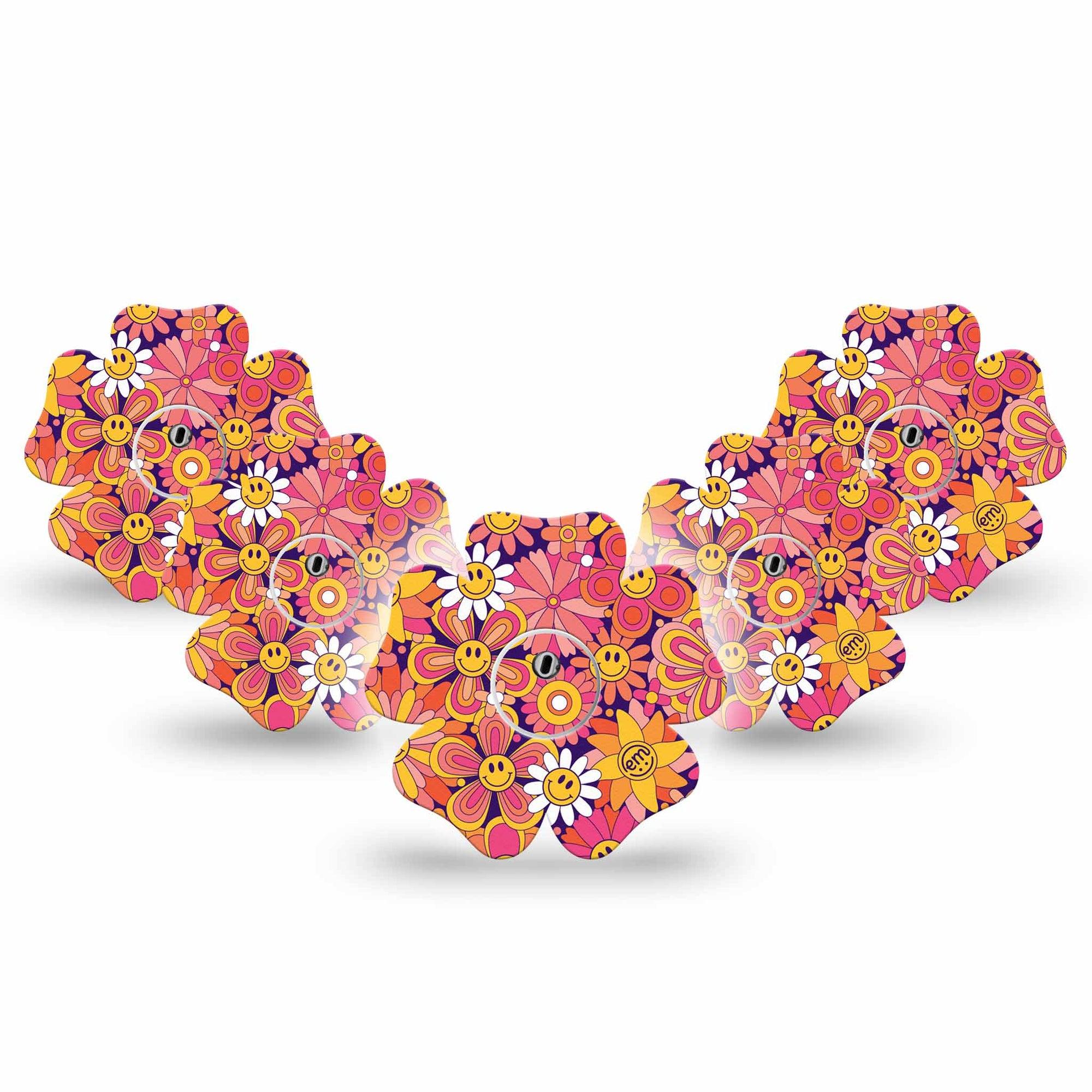 ExpressionMed Groovy Freestyle Libre 3 Flower Shape Tape 5-Pack Tape and 5-Pack Sticker Orange Pink Daisies Plaster CGM Design