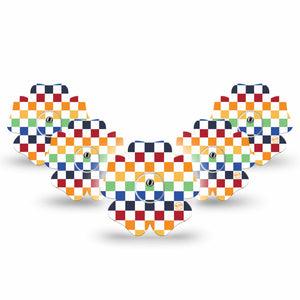 ExpressionMed Rainbow Checkerboard Freestyle Libre 3 and Libre 3 Plus Flower Shape Tape 5-Pack Tape and 5-Pack Sticker Grid Checkered Rainbow, Plaster CGM Design