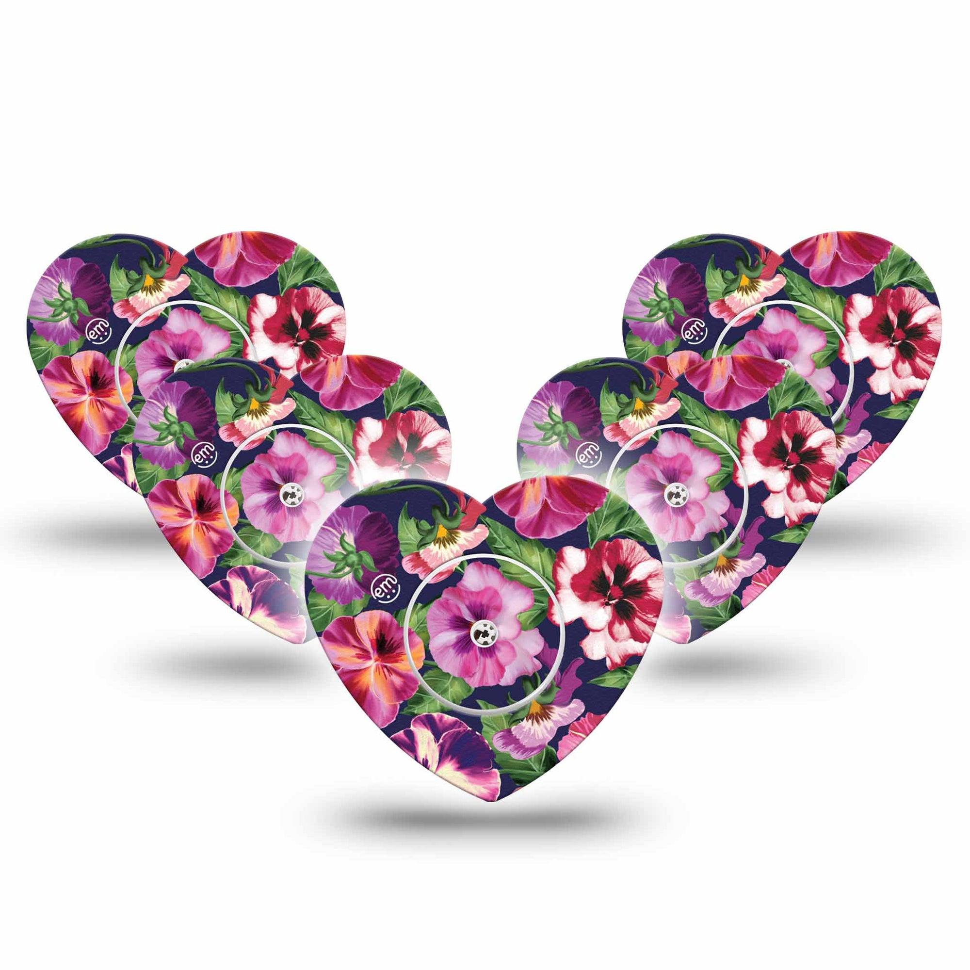 ExpressionMed Flower Girl Pansies Freestyle Libre 2 Heart Shape Tape, Abbott Lingo,  5-Pack Tape and 5-Pack Sticker Shades of Pink Purple Pansy, Adhesive Patch CGM Design