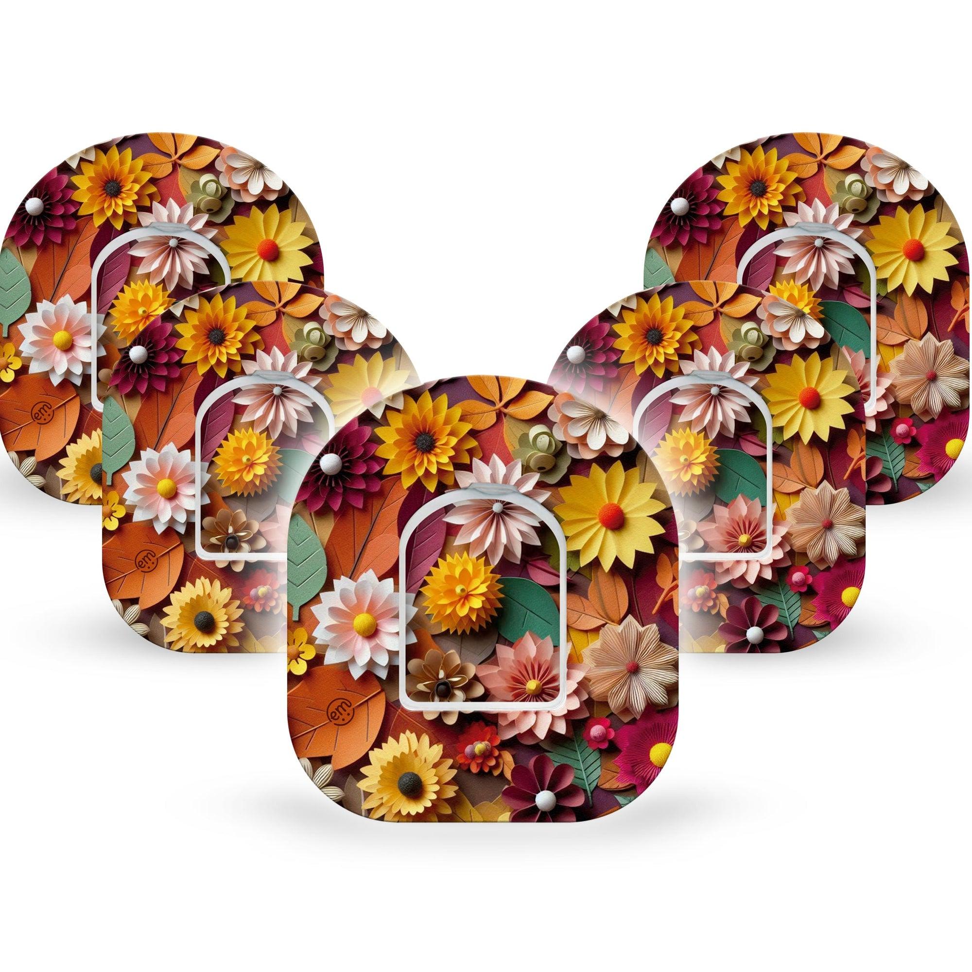 ExpressionMed 3D Floral Omnipod Tape 5-Pack Tape and 5-Pack Sticker Fall Foliage and Florals Adhesive Patch Pump Design