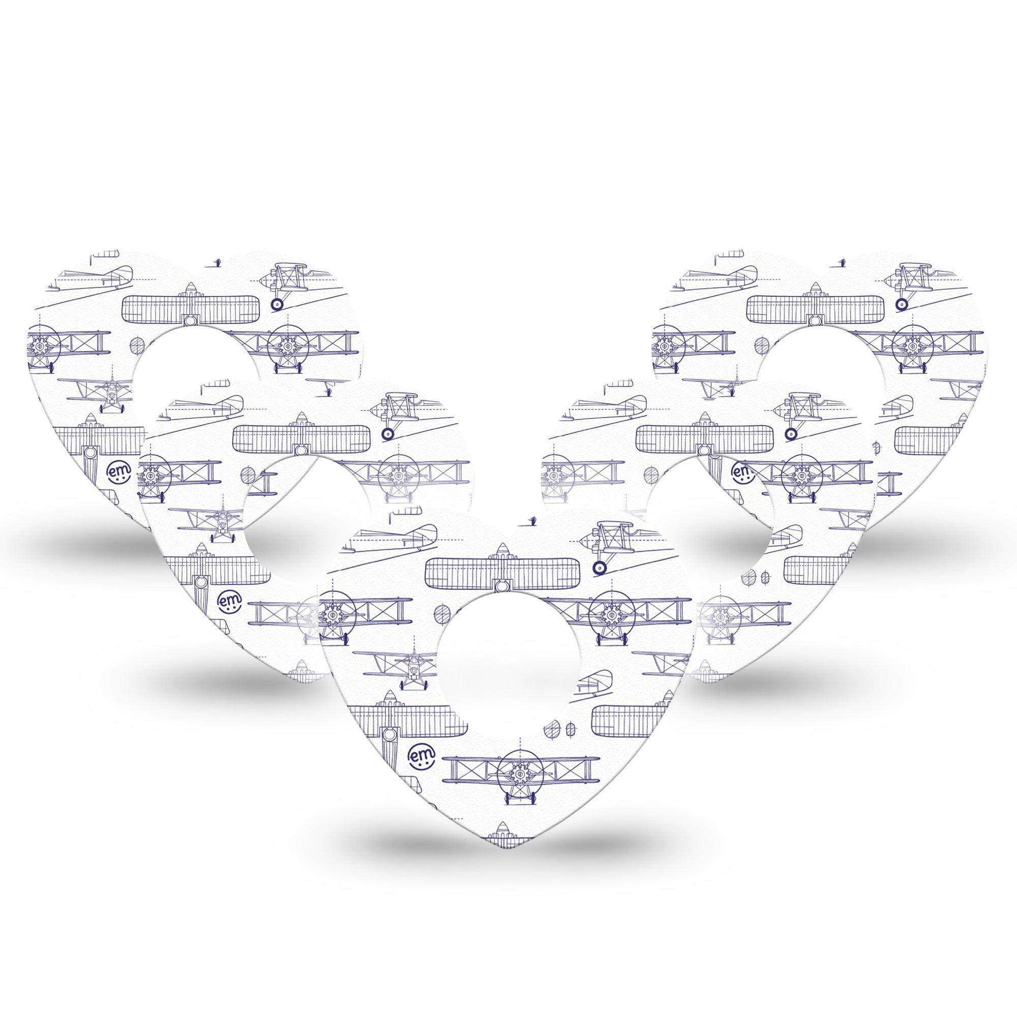 ExpressionMed Airplane Infusion Set Heart Shape Tape 10-Pack Tape Navy Stenciled Planes, Adhesive Tape Continuous Glucose Monitor Design
