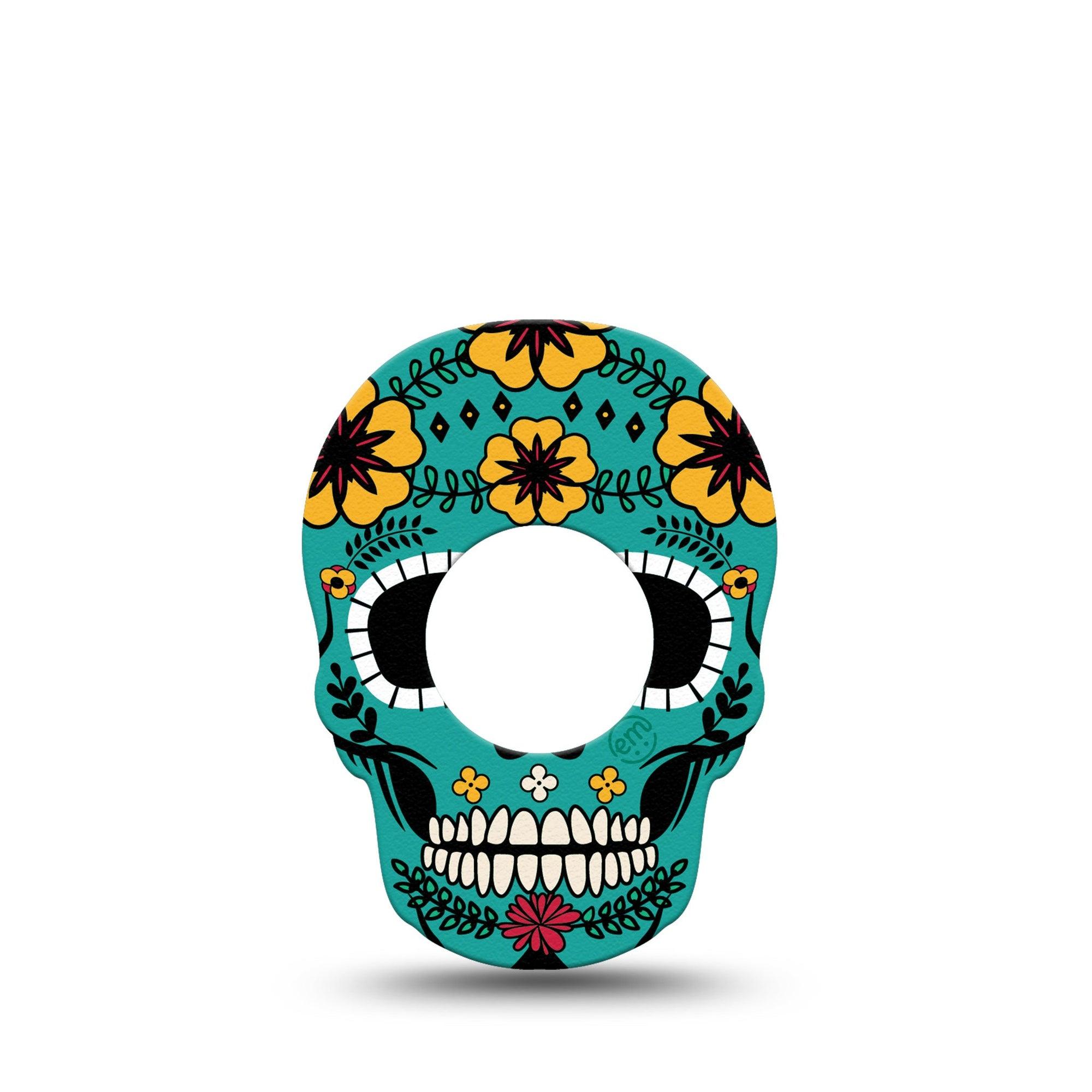 ExpressionMed Teal Skull Freestyle Libre 2 Skull Shape Tape, Abbott Lingo, Single Blue Green Flower Skull Plaster Continuous Glucose Monitor Design