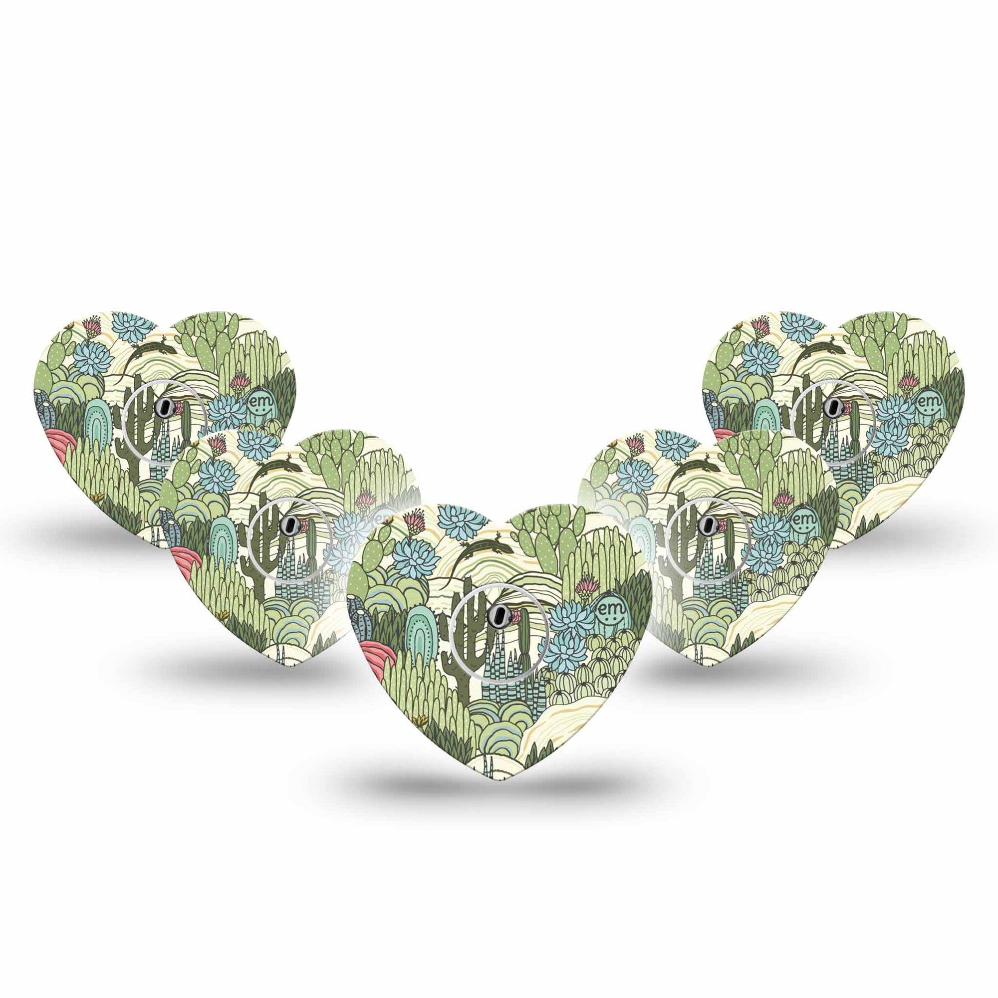 ExpressionMed Cactus Freestyle Libre 3 and Libre 3 Plus Heart Shape Tape 5-Pack Tape and 5-Pack Sticker Desert Life Cactus Iguana, Patch CGM Design