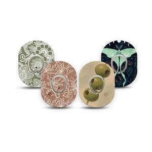 ExpressionMed Olive Grove Dexcom G7 and Dexcom Stelo Glucose Biosensor System Mini, 4-Pack Tape and 4-Pack Sticker, Khaki green prints Adhesive Tape for CGM