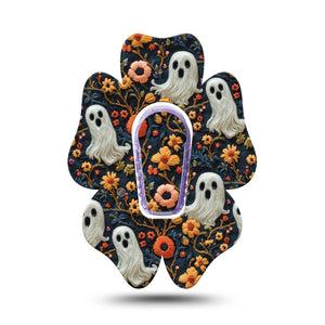 ExpressionMed Embroidered Ghost Dexcom G6 Flower Shape Tape, Single Tape and Single Sticker Threaded Ghosts and Florals, Adhesive Patch Continuous Glucose Monitor Design